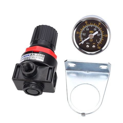 Air Pressure Regulator For Pneumatic Tools One Quarter Inch PT 0 To 150 Psi With Pressure Gauge And Mounting Bracket For Air Compressors And Spray Guns Industrial Grade AR 2000, showing components.