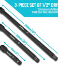 Heavy Duty One Half Inch Impact Socket Extension Set Five Piece Kit With Five Inch Ten Inch And Fifteen Inch Extensions Swivel Universal Joints And One Half To Three Eighth Inch Drive Adapter In CR V Steel For Auto And Garage Grinders