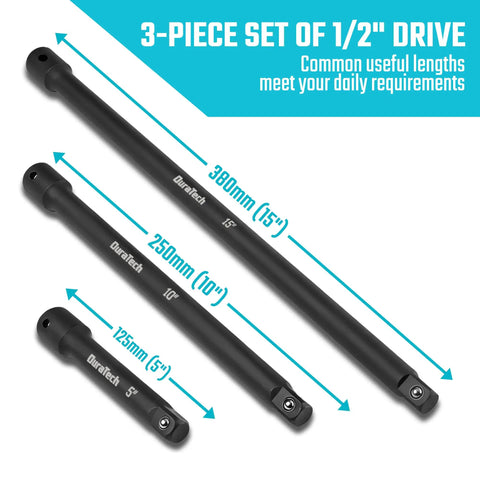 Heavy Duty One Half Inch Impact Socket Extension Set Five Piece Kit With Five Inch Ten Inch And Fifteen Inch Extensions Swivel Universal Joints And One Half To Three Eighth Inch Drive Adapter In CR V Steel For Auto And Garage Grinders