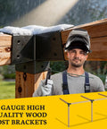 Worker installing 15 Degree Pergola Bracket Kit 3 Way Right Corner Wood Brackets for 4x4 Posts, snow-covered pergola frame