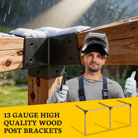 Worker installing 15 Degree Pergola Bracket Kit 3 Way Right Corner Wood Brackets for 4x4 Posts, snow-covered pergola frame