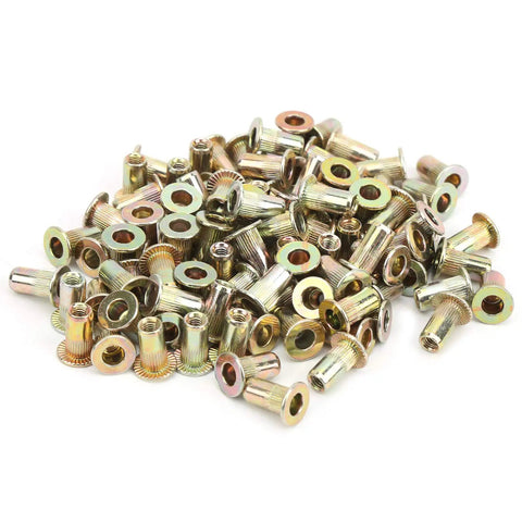 100 Piece M3 Zinc Coated Rivet Nut Set With Low Profile Threaded Inserts Shop Grade Assortment Kit For Automotive Metal Fabrication and Gearhead Builds Built Tough, showing metallic rivet nuts.