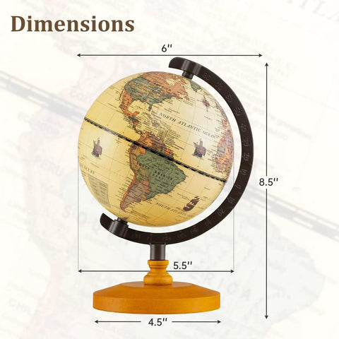 Six Inch Mini Vintage Rotating Globe With Curved Alloy Stem And Solid Wooden Base, Printed World Map Desk Decor