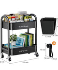 Two Tier Rolling Cart With Wheels Heavy Duty Metal Storage Organizer, black, with two shelves, books, plants, and supplies, side view.