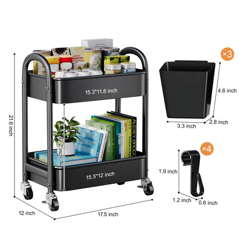 Two Tier Rolling Cart With Wheels Heavy Duty Metal Storage Organizer, black, with two shelves, books, plants, and supplies, side view.