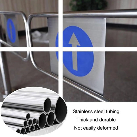 Rock Solid Industrial Heavy Duty Spring Loaded Safety Swing Gate With One Way Revolving Design for High Traffic Retail showing stainless steel and directional sign.