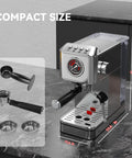 Slick Stainless Steel Espresso Machine Serving Hella Creamy Shots With 20 Bar Pressure And Automatic Milk Frother For Killer Cappuccinos Compact Home Brewer showing compact design and accessories on granite countertop.