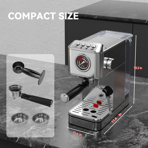 Slick Stainless Steel Espresso Machine Serving Hella Creamy Shots With 20 Bar Pressure And Automatic Milk Frother For Killer Cappuccinos Compact Home Brewer showing compact design and accessories on granite countertop.
