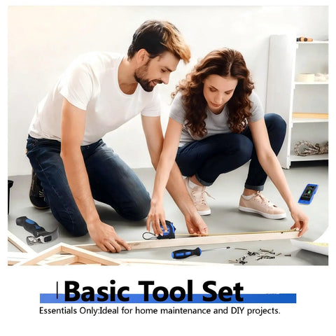 Couple using 21-Piece Basic Household Tool Kit For Easy Grab-and-Go DIY Fixes on wooden planks with tools in foreground, blue pouch visible.