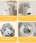 Portable Fully Automatic Washing Machine With LCD Touchscreen Auto Cycle One Click Operation No Sweat Cleanup For Dorms Apartments And RV Travel 9L Compact Washer close-up of features like mid way dressing program and rotor wave wheel design.
