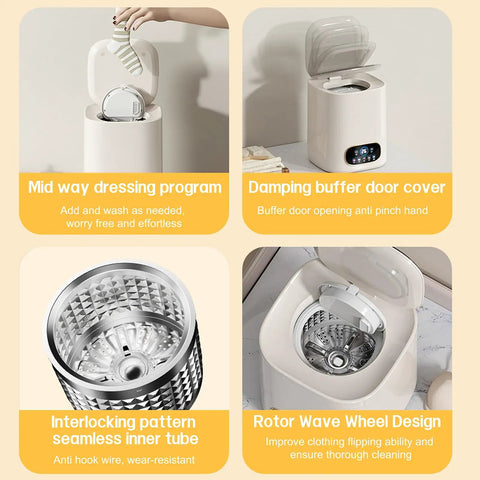Portable Fully Automatic Washing Machine With LCD Touchscreen Auto Cycle One Click Operation No Sweat Cleanup For Dorms Apartments And RV Travel 9L Compact Washer close-up of features like mid way dressing program and rotor wave wheel design.