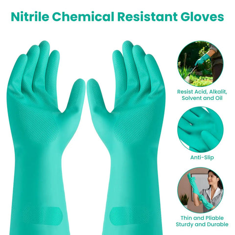 Teal nitrile chemical resistant gloves with text highlighting their anti-slip and durable features, shown on a white background.