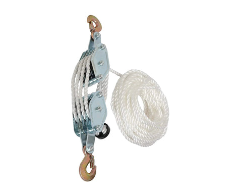 Heavy Duty Block And Tackle Pulley System For Lifting Heavy Objects With 4000 Lb Breaking Strength And 65 Feet Of Three Eighths Inch Rope