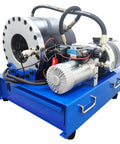 Heavy Duty Electric Hose Crimper With Ten Precision Dies For High Pressure Hydraulic Lines One Quarter To Two Inches 12 Volt 2200 Watt showing motor and precision dies.
