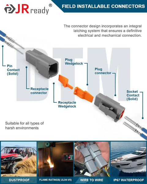 DTM 2 Pin Connector Kit 8 Pack With Size 20 Solid Contacts 20-22 AWG Waterproof connectors with labels and environmental tests