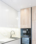Sleek Square Trim 5 Inch LED Recessed Light Canless Mini Panel Adjustable 5CCT Super Bright Dimming installed in modern kitchen.