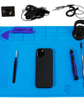 Anti Static Mat Kit For Electronics And Computer Repair With ESD Wrist Strap, Grounding Wire, Plug; shown with tools and phone on 15.7in by 11in mat.