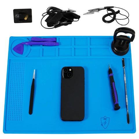 Anti Static Mat Kit For Electronics And Computer Repair With ESD Wrist Strap, Grounding Wire, Plug; shown with tools and phone on 15.7in by 11in mat.