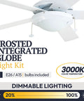 52 Inch Modern LED Ceiling Fan With Light, Pull Chain, Dual Mounting Options, White Finish, Close-Up of Frosted Globe and Dimmable Feature