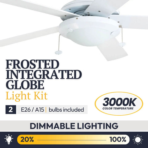 52 Inch Modern LED Ceiling Fan With Light, Pull Chain, Dual Mounting Options, White Finish, Close-Up of Frosted Globe and Dimmable Feature