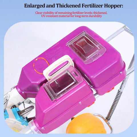 Close-up of dual hoppers on 8 Mouths Precision Garden Seeder Hand Push Planter With Depth Adjustable Control And Dual Hopper Seed And Fertilizer Spreader.