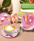 Pink Vintage Diamond Painting Coaster Kit 8 Pieces With Holder Dope Retro Funny Drinks Theme 5D DIY Full Drill Diamond Dot Art For Adults Beginners Gift Idea, showing coasters with drinks and card designs, cup on a coaster.