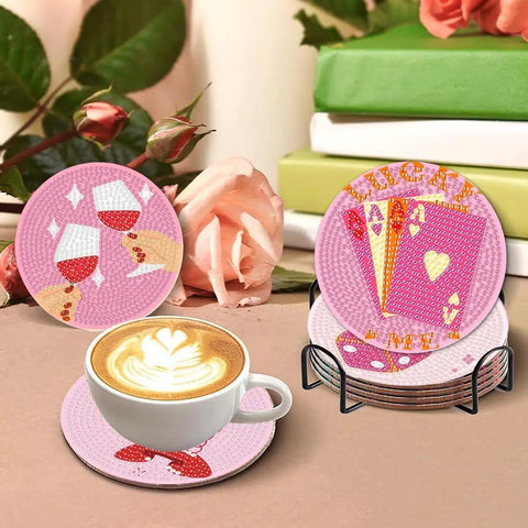 Pink Vintage Diamond Painting Coaster Kit 8 Pieces With Holder Dope Retro Funny Drinks Theme 5D DIY Full Drill Diamond Dot Art For Adults Beginners Gift Idea, showing coasters with drinks and card designs, cup on a coaster.