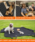 Go To Dog Car Seat Cover For Backseat Waterproof Bench Protector showing use with a dog, child seat, and laid out flat