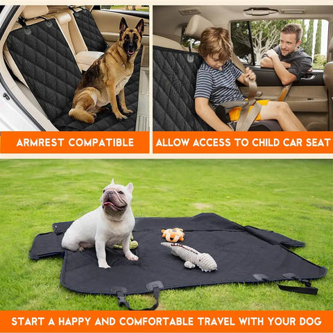 Go To Dog Car Seat Cover For Backseat Waterproof Bench Protector showing use with a dog, child seat, and laid out flat