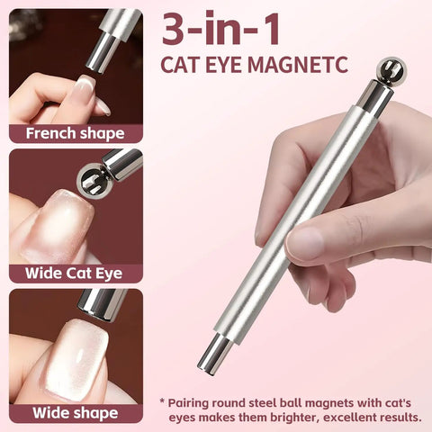 4-Piece Cat Eye Nail Magnet Set Silver Dual-Ended Magnetic Nail Tools With Round Bead And Heart Magnets Plus Black Magnetic Bead Pickup Pen For Cat Eye Gel Polish DIY Nail Art