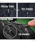 Before and after images showing 6Pcs Black Universal Instant Fix Zipper Repair Kit With Replacement Zip Sliders on clothing and bag.