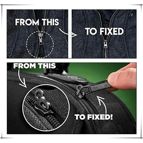 Before and after images showing 6Pcs Black Universal Instant Fix Zipper Repair Kit With Replacement Zip Sliders on clothing and bag.