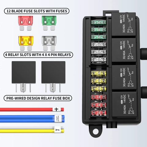 Pre Wired 12 Volt Fuse Relay Box with 4 Relays and 12 Fuses Sealed Waterproof Case for Auto Car Marine Boat and RV Projects
