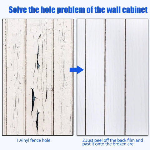 Vinyl Siding Repair Patch Kit 6x8 Inch Self Adhesive PVC Tape Hole Cover For Mobile Homes Skirting Fences And Exterior Walls White No Tools Needed Quick Easy Seamless Fix showing damaged and repaired siding comparison.