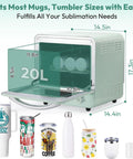 Huge 20 Liter Sublimation Oven For Mugs Tumblers And Bottles Featuring Hella Smooth One Touch Auto Bake Mode showing dimensions and contents.