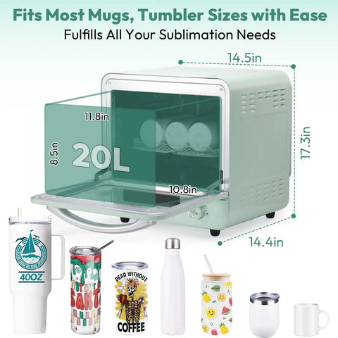 Huge 20 Liter Sublimation Oven For Mugs Tumblers And Bottles Featuring Hella Smooth One Touch Auto Bake Mode showing dimensions and contents.