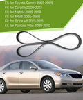 Serpentine Drive Belt For Toyota Camry Corolla Matrix RAV4 Scion XB And Pontiac Vibe EPDM Belt Built To Last With Top Notch Wear Resistance For Smooth Performance And Long Life On Your Daily Ride. Black EPDM serpentine belt shown for Toyota Camry fitment