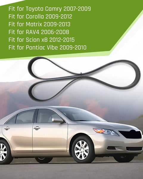 Serpentine Drive Belt For Toyota Camry Corolla Matrix RAV4 Scion XB And Pontiac Vibe EPDM Belt Built To Last With Top Notch Wear Resistance For Smooth Performance And Long Life On Your Daily Ride. Black EPDM serpentine belt shown for Toyota Camry fitment