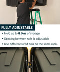 Man installing Garage Ceiling Tote Storage Rack with Adjustable Slide Rails for Four Bins in black, featuring adjustable spacing.