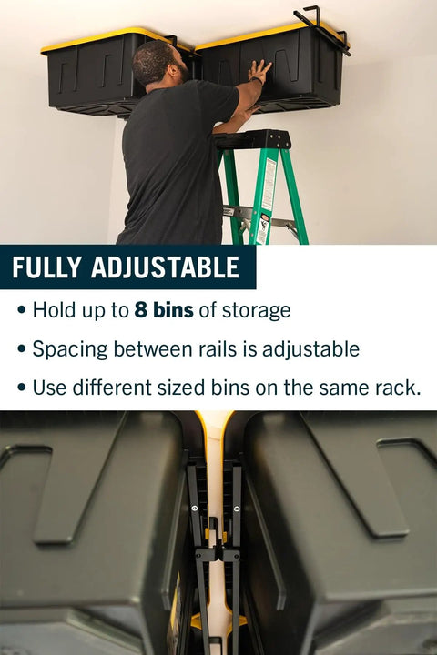 Man installing Garage Ceiling Tote Storage Rack with Adjustable Slide Rails for Four Bins in black, featuring adjustable spacing.