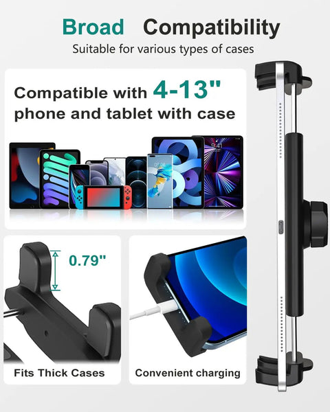 Golf Tablet Holder Monopod Stand showing compatibility with 4-13 inch devices, thick case fit, and charging access.