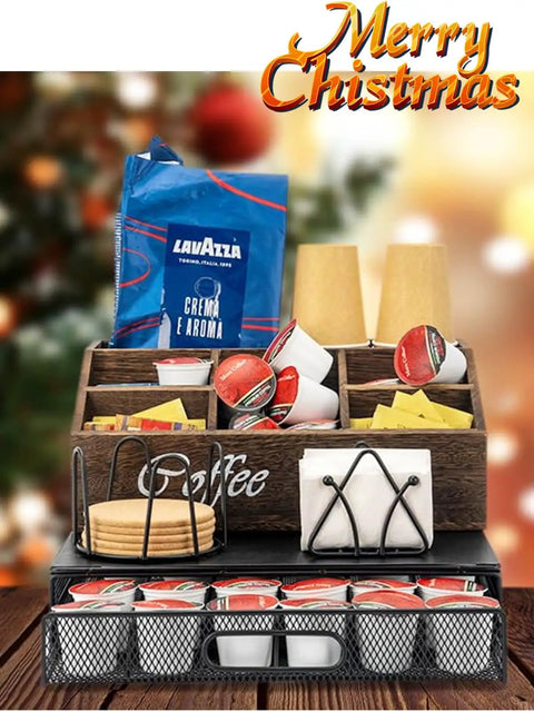 Wooden Coffee Station Organizer With 2-In-1 Pod Drawer And Tea Bag Holder, cups and napkins displayed, Christmas decoration