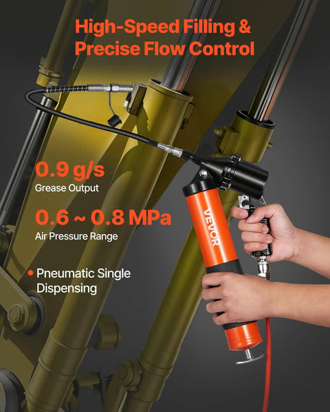 Person using Pro Grade Heavy Duty 6000 PSI Grease Gun Kit With Pistol Grip to lubricate machinery, showing pressure control.