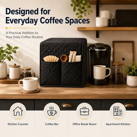 Quilted Coffee Maker Cover With Handy Pockets For Oxo Brew 9 Cup Brewer on kitchen counter with storage pockets.
