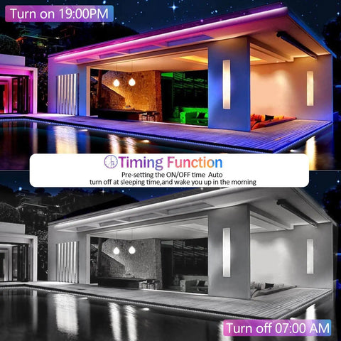Lit modern home with color-changing 100Ft Outdoor RGB LED Strip Lights With WiFi IP65 Waterproof Alexa And Google Assistant Compatible