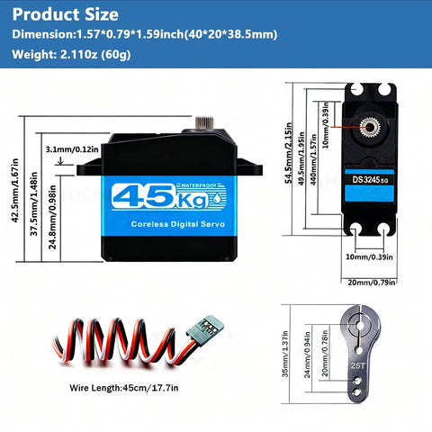 Two Pack 45Kg High Torque RC Steering Servo With 8.4V Coreless Stainless Steel Gears Waterproof Low Profile 180-Degree