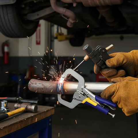 Four Pack 6.6 Inch Metal Face Clamps With Swivel Pad Heavy Duty And Rubber Handles in use during metal welding task