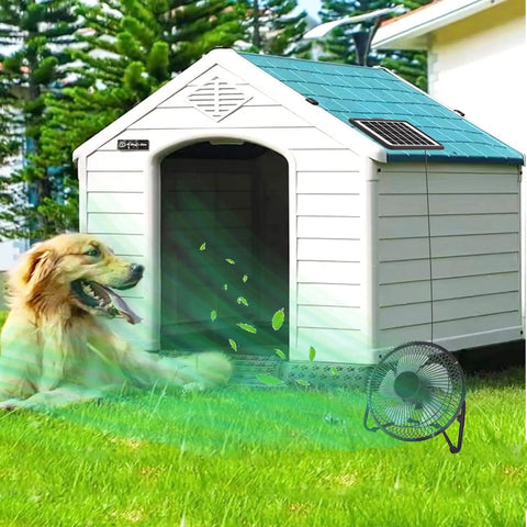8 Inch Solar Powered Fan With 18W Panel For Air Circulation And Cooling In Greenhouse Poultry Coop Attic And Pet House Install Free Setup Cloudy Day Ready IP65 Panel 14ft Cable Keeps Animals Comfortable next to a pet house