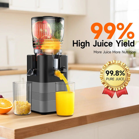 This Super Quiet 400W Cold Press Juicer Boasts A Massive 5.8 Inch Wide Chute For Fast And Easy Prep, serving fresh juice.
