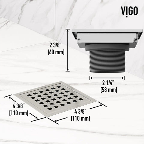 Modern Square Shower Drain With Brushed Nickel Finish No Fuss Install Rust Resistant Grid Cover dimensions on marble surface.